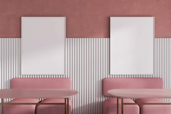 Interior of bright pink restaurant with posters