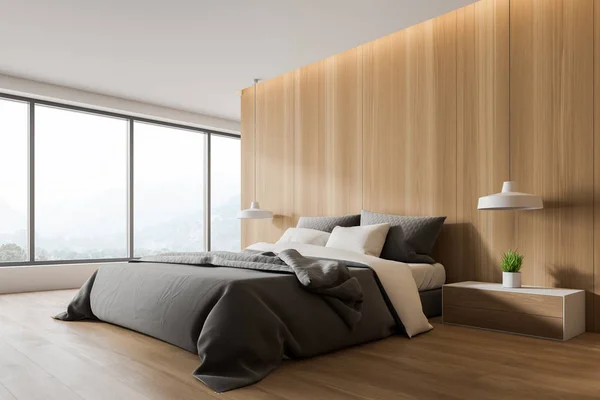 Loft biało-drewniana narożna sypialnia — Zdjęcie stockowe
