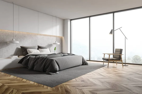 Panoramische weiße und steinerne Schlafzimmereinrichtung — Stockfoto