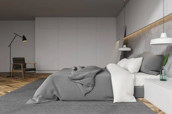 White and stone bedroom with armchair — 스톡 사진