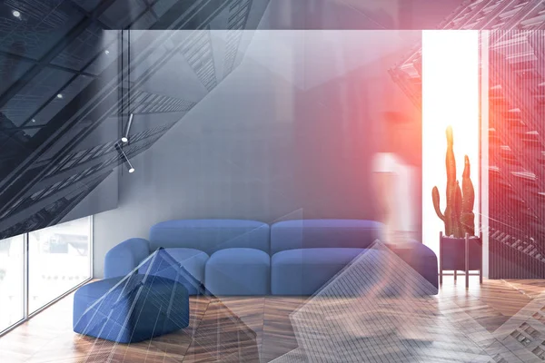 Woman walking in blue sofa living room — 스톡 사진