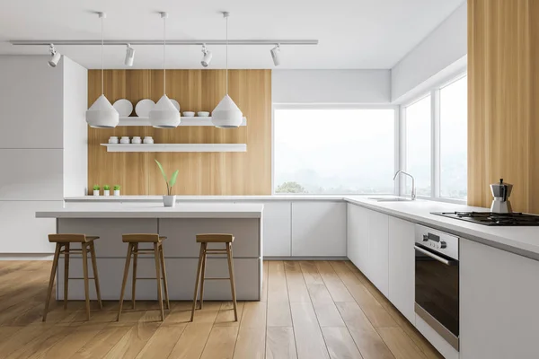 白と木製のキッチン、バー、スツール — ストック写真