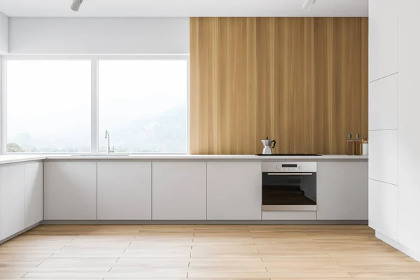 Beyaz ve ahşap panoramik mutfak — Stok fotoğraf