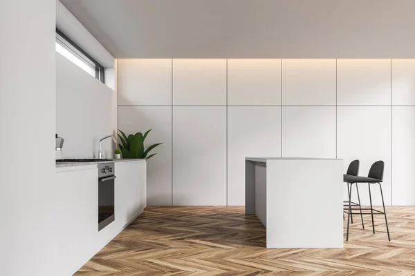 Side view of white kitchen with bar and counters — Stock Photo, Image