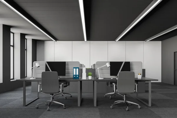 Interno ufficio open space bianco e grigio — Foto Stock