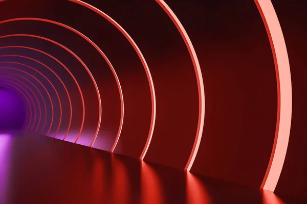 Ronde gang met paarse en rode neonlichten — Stockfoto