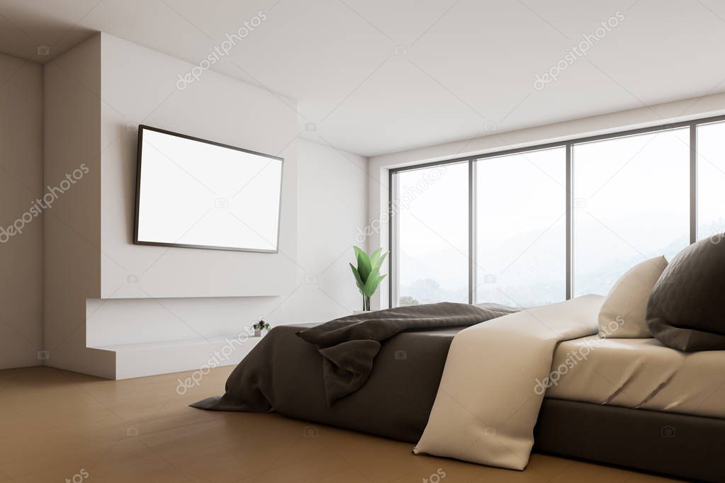 Panoramic white bedroom with mock up TV screen