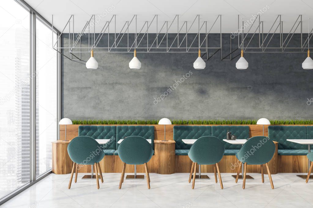 Restaurant interior with green chairs
