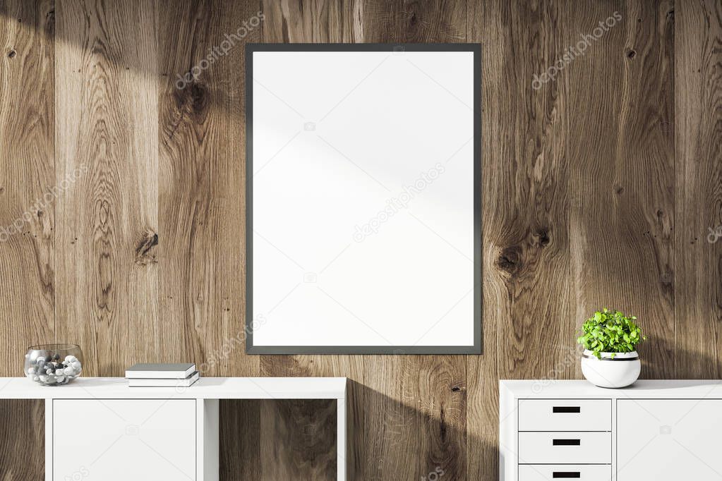 Poster on wooden wall with cabinet