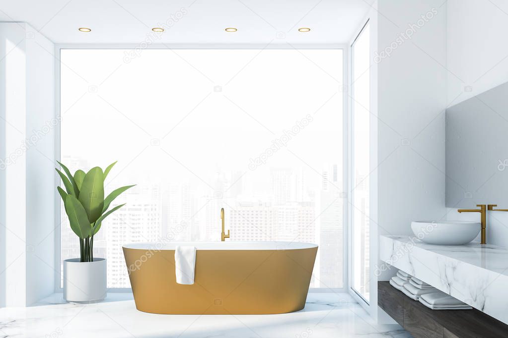 White marble bathroom interior, tub and sink