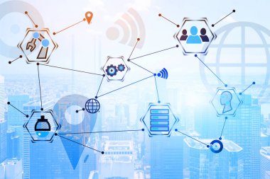 Şehir arka planı üzerinden sanal dijital arayüz