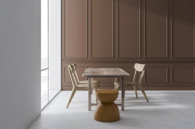 Minimalist bej yemek odasının yan görünümü