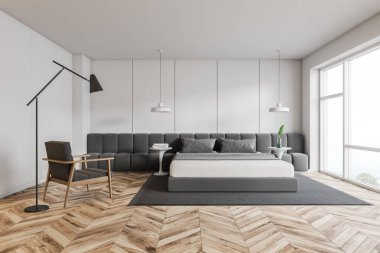 Koltuklu loft beyaz yatak odası