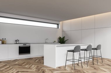 Beyaz mutfak köşesi, tezgah ve bar.