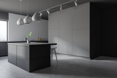 Bar ile minimalist beyaz ve gri mutfak