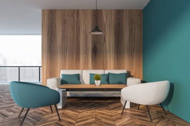 Mavi ve ahşap oturma odası iç