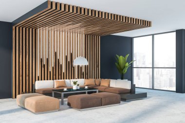 Gri ve ahşap ofis bekleme odası köşe