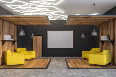 Posterli geniş gri ofis salonu