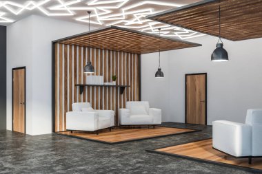 Koltuklu geniş beyaz ofis salonu