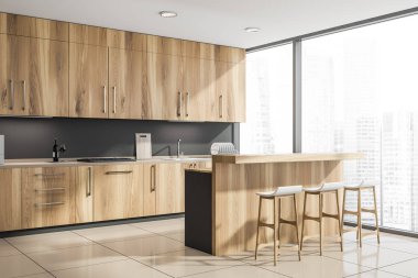 Ahşap sayaçları ve bar ile gri mutfak köşesi