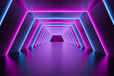 Altıgen mavi ve mor neon koridor