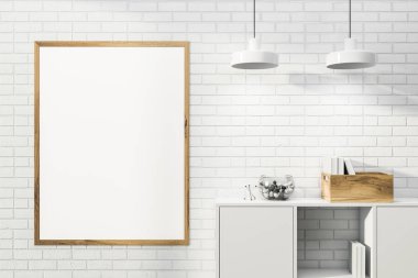 Beyaz tuğla duvar odasında poster kadar Mock