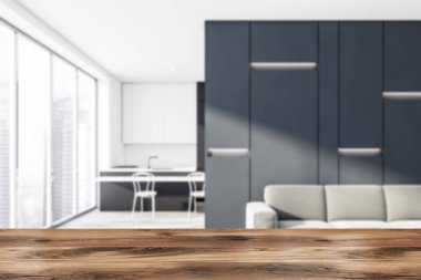 Gri oturma odası ve mutfak iç bulanıklık