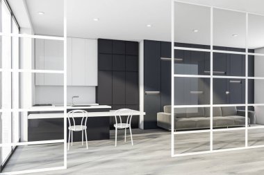 Kanepe ile siyah beyaz mutfak iç