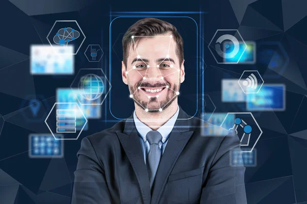 Smiling man facial recognition technology — Stock Photo, Image