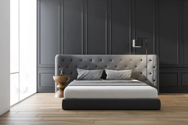 Intérieur chambre grise avec lit principal — Photo