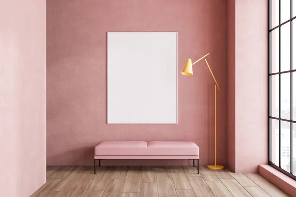 Sala de estar rosa, banco y póster — Foto de Stock