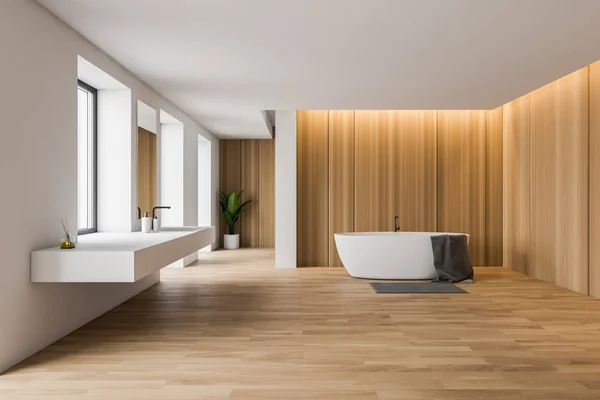 Wooden and white loft bathroom interior