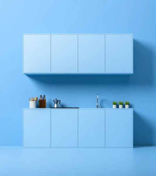 Mavi mutfak iç, tezgah ve dolaplar — Stok fotoğraf
