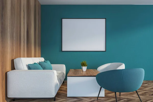 Blått och trä vardagsrum med affisch — Stockfoto