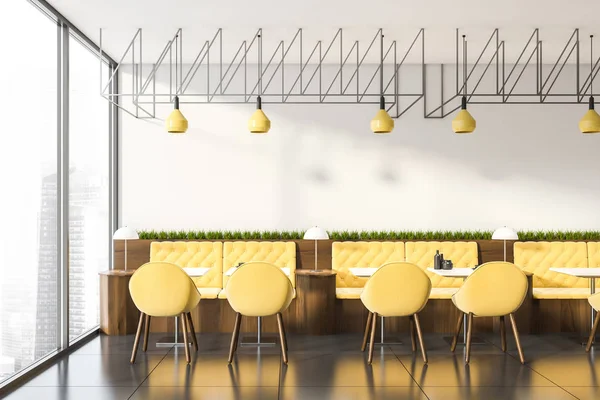 Інтер'єр білого кафе з жовтими диванами — стокове фото