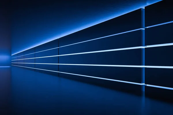 Futuristisk tom korridor med blå neonljus — Stockfoto