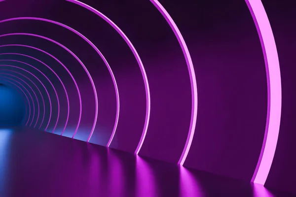 Futuristisk rund korridor lila blå neonljus — Stockfoto