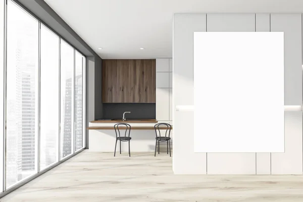 Witte en grijze keuken interieur met poster — Stockfoto