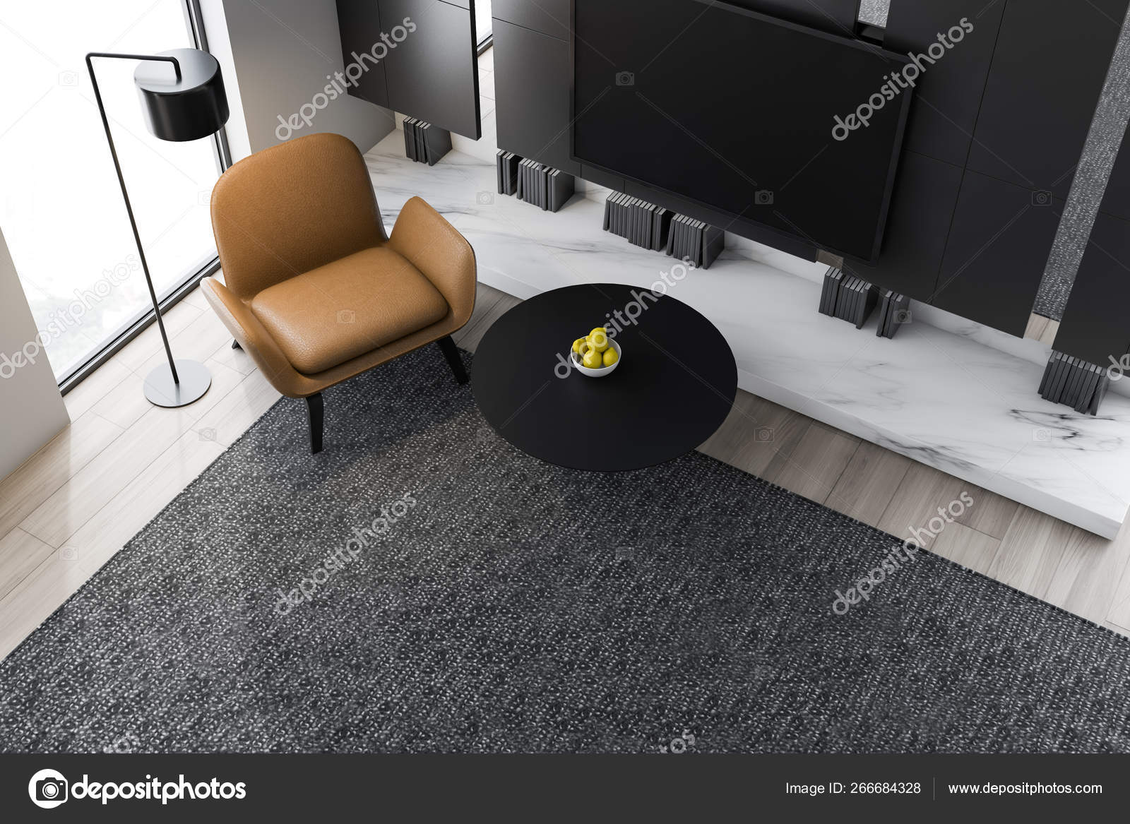 Top view of living room with TV and armchair — Stock Photo