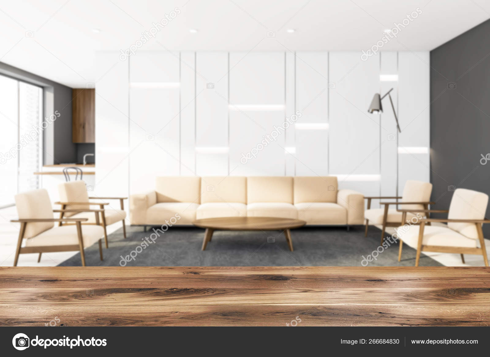 White Living Room With Kitchen And Armchairs Blur Stock Photo Image By Denisismagilov 266684830