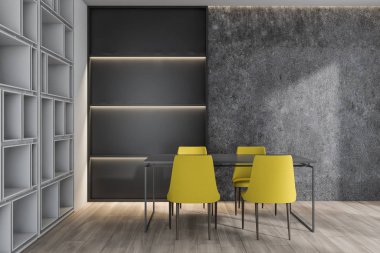 Sarı sandalye ile Beton yemek odası iç