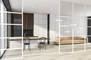 Beyaz ve gri mutfak. Kanepeli.