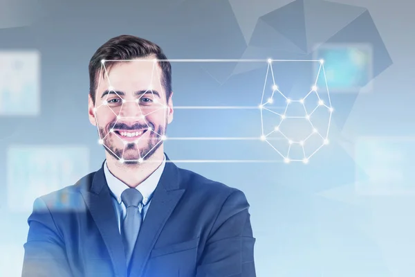Smiling young man facial recognition technology — Stock Photo, Image