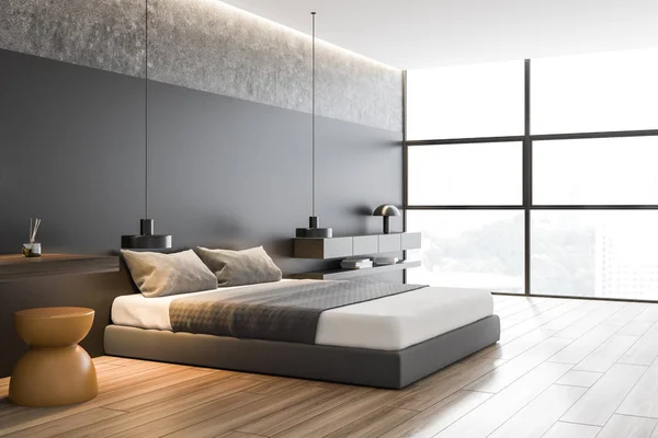 Panoramik gri ana yatak odası köşesi — Stok fotoğraf