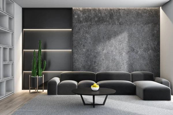 Concrete living room interior with gray sofa — Stock Photo, Image