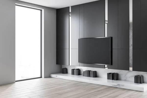 Canto sala de estar cinza com aparelho de TV — Fotografia de Stock