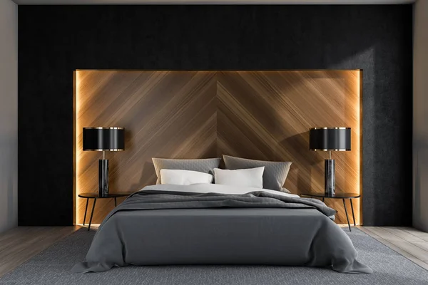 Schwarz und Holz Schlafzimmer Innenausstattung — Stockfoto