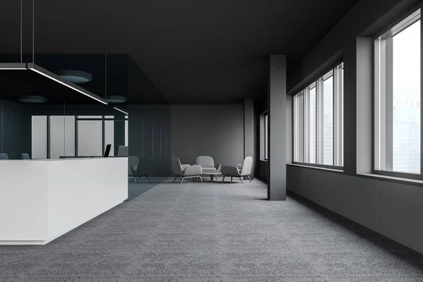 Стіл прийому в сірому офісі з кімнатою відпочинку — стокове фото