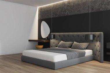 Gray master bedroom corner with mirror clipart