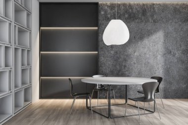 Siyah sandalye ile Beton yemek odası iç